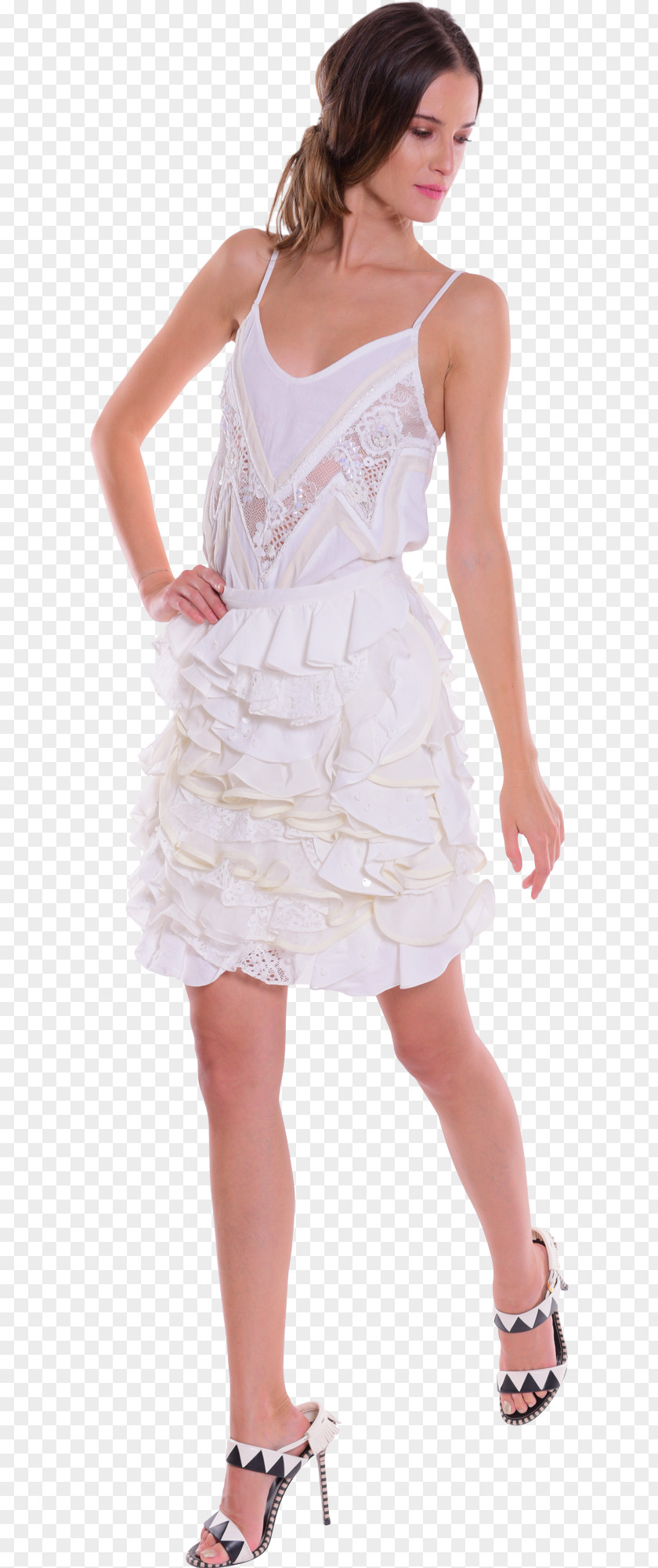 White Gauze Cocktail Dress Ruffle Shoulder PNG