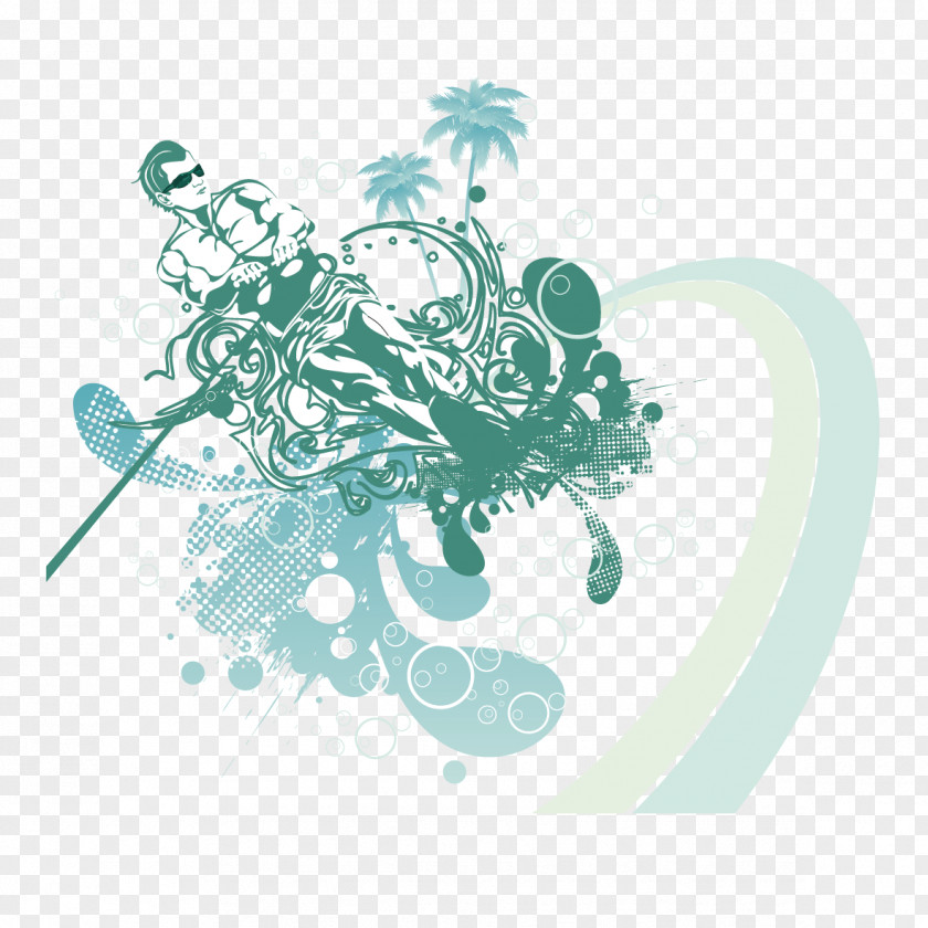 People Coconut Trees And Decorative Motifs Surfing Sport Water Skiing Euclidean Vector PNG