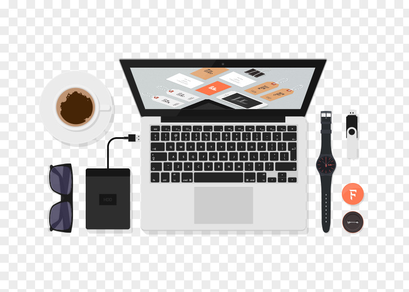 Mobile Hard Disk Notebook Computer Tables Coffee Hero Image Mockup PNG