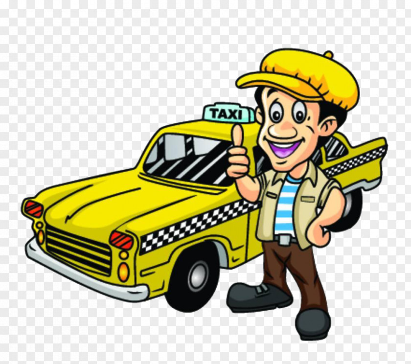 Cartoon Yellow Taxi Driver Driving Clip Art PNG