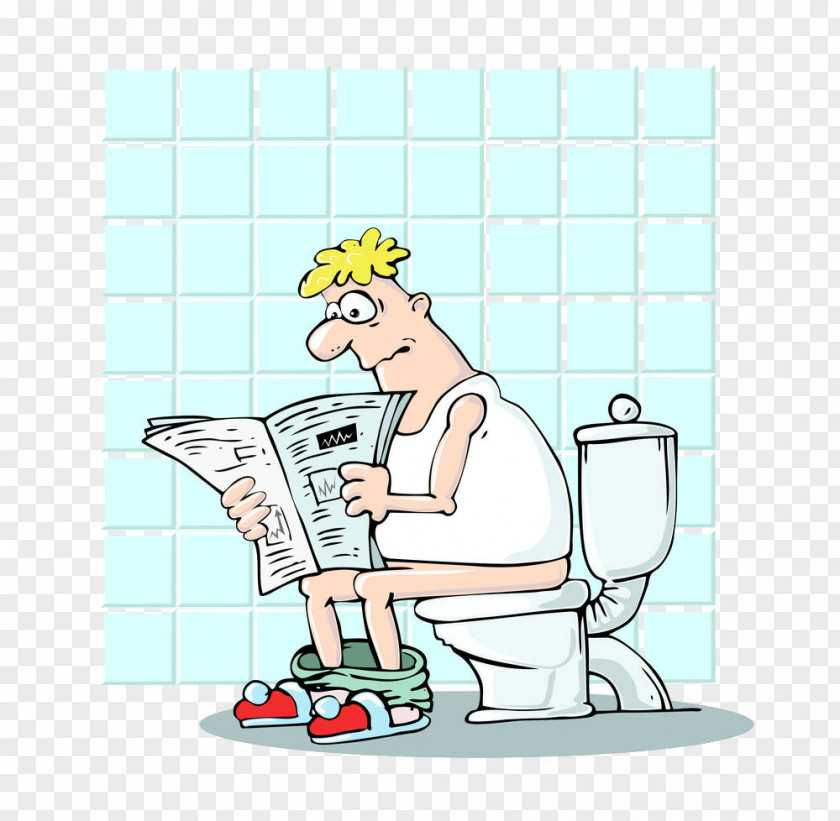 A Man Who Reads Newspaper In The Toilet Cartoon Drawing Illustration PNG