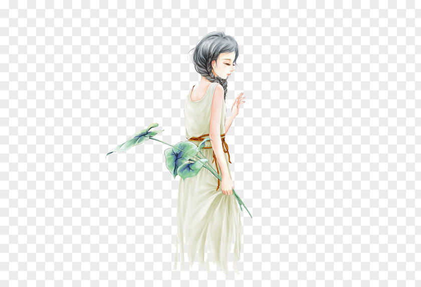 Woman Holding A Lotus Leaf U4facu4ecau846cu82b1u4ebau7b11u75f4: U300au7ea2u697cu68a6u300bu540du53e5u5927u89c2 PNG