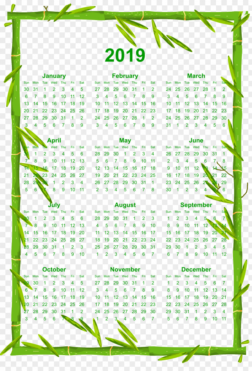 Printable 12 Month 2019 Calendar With Bamboo Borde PNG