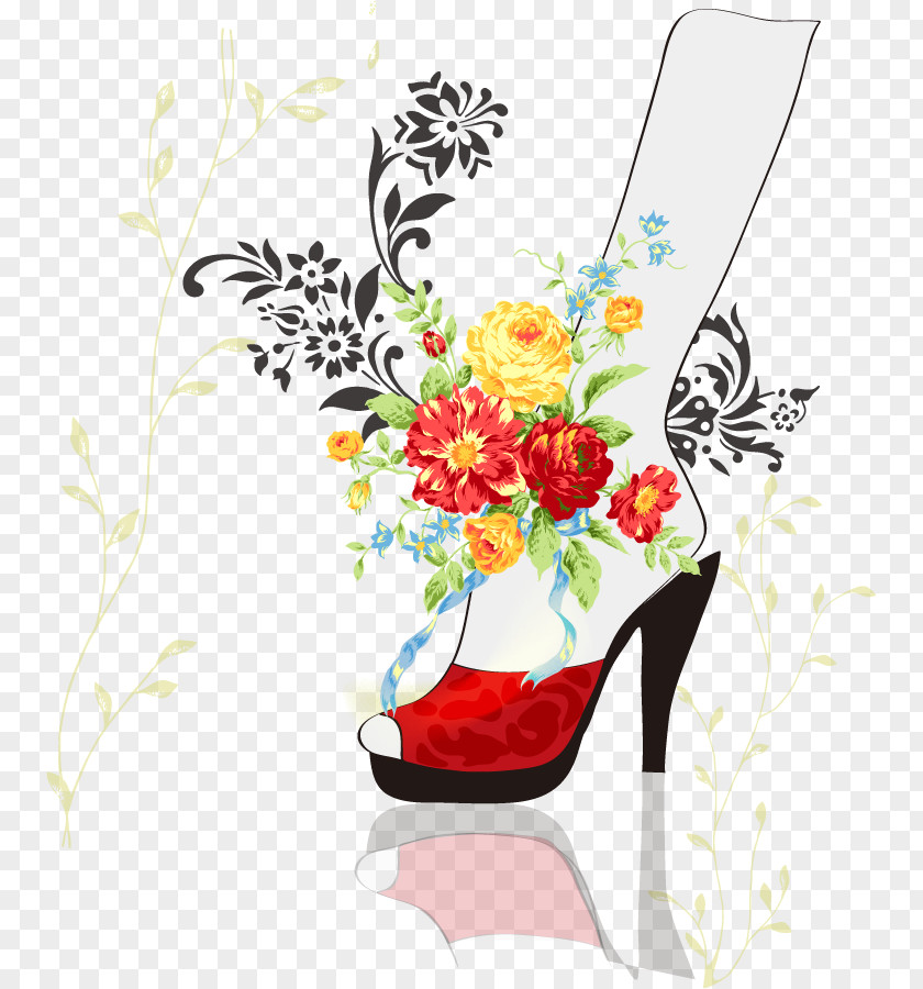 Design Floral High-heeled Shoe Fashion Handbag PNG