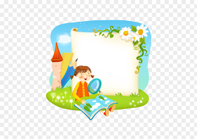 Vector Cartoon Images And Magnifying Glass Borders Frames Reading Book PNG