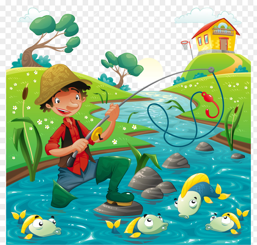 Vector Fishing Cartoon Fisherman Illustration PNG