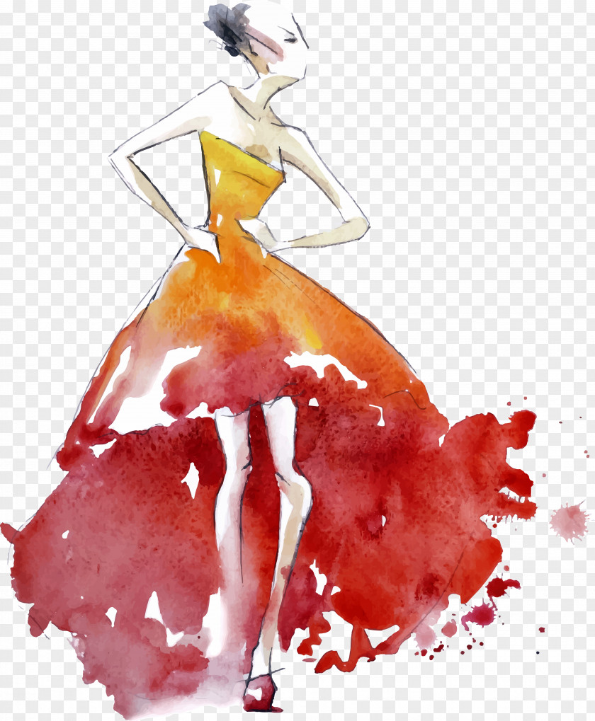 Watercolor Painted Female Model Fashion Design Illustration Drawing PNG