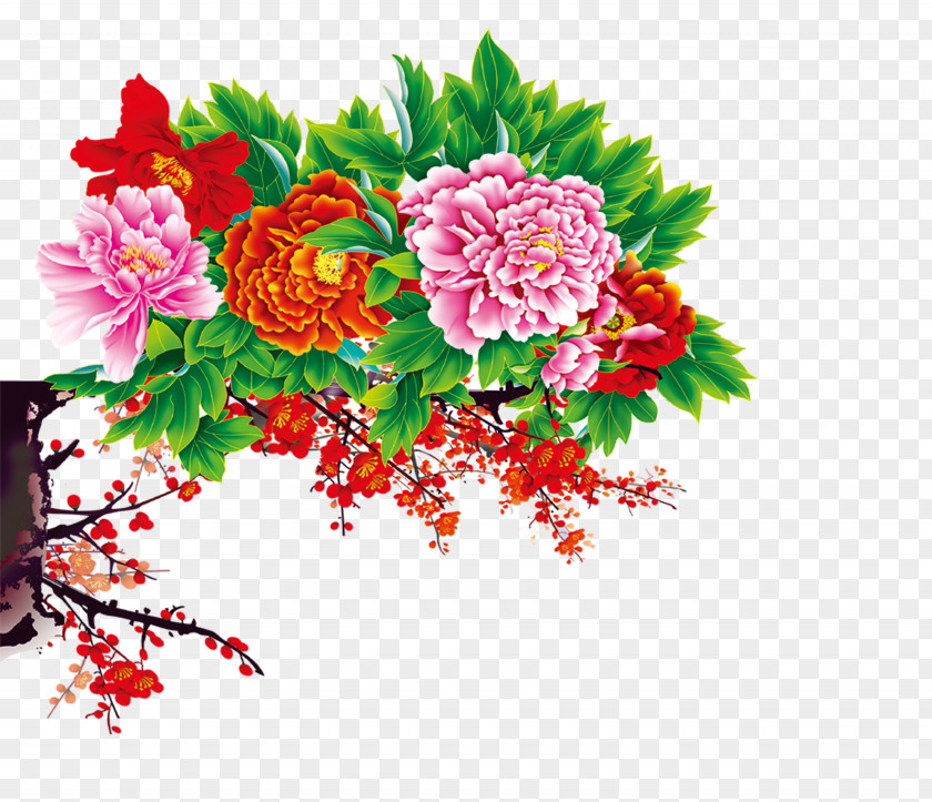 Peony Flower Bouquet Chinese Zodiac Pattern PNG