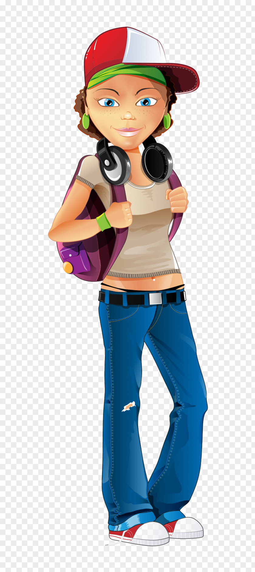 Girl Female Cartoon PNG , Hand-painted cartoon backpack fashion hat headphones woman clipart PNG