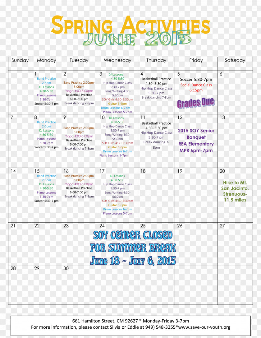 June 15 Poster Calendar Save Our Youth Document Balboa Fun Zone PNG