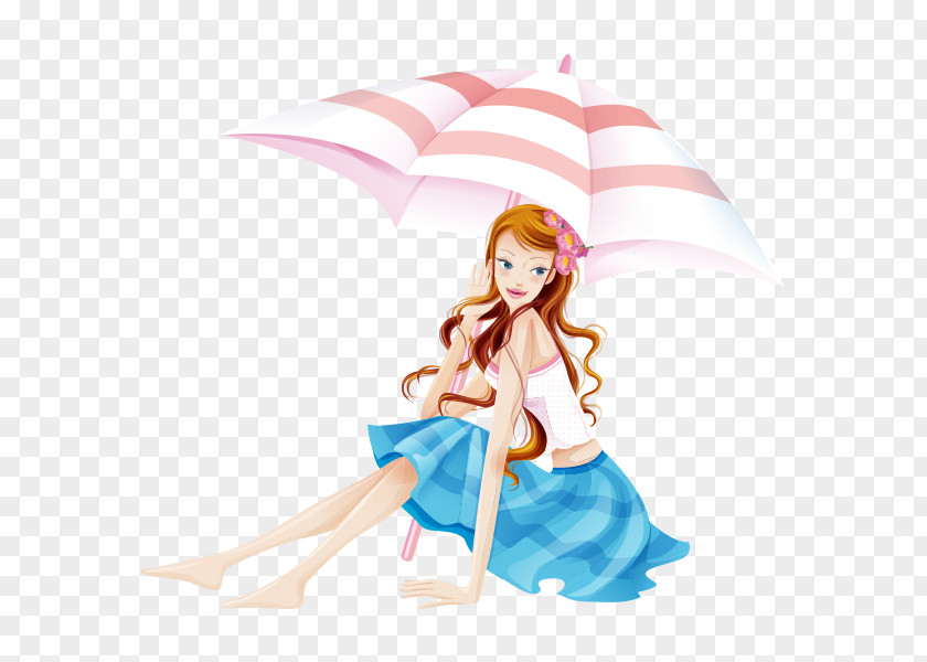 Cartoon Beach Illustration PNG Illustration, Hand-painted beach umbrella sexy beauty clipart PNG