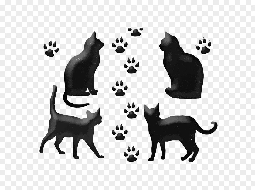 Four Black Cartoons, Cats And Footprints Cat Euclidean Vector Drawing PNG