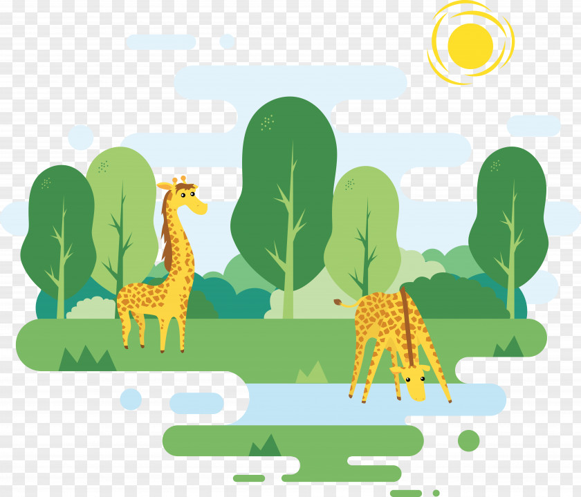 Vector Giraffe Green Lake Illustration PNG