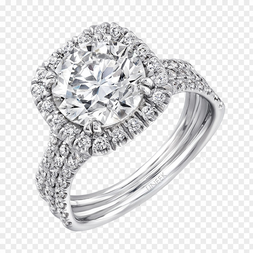 Halo Ring Diamond Cut Princess Engagement PNG
