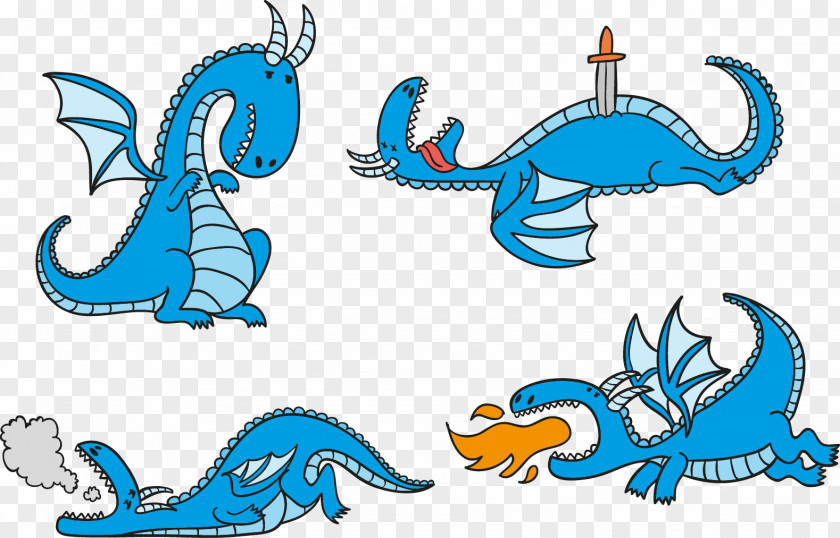 Vector Cute Blue Cartoon Dinosaur Dragon Fairy Tale Drawing Illustration PNG