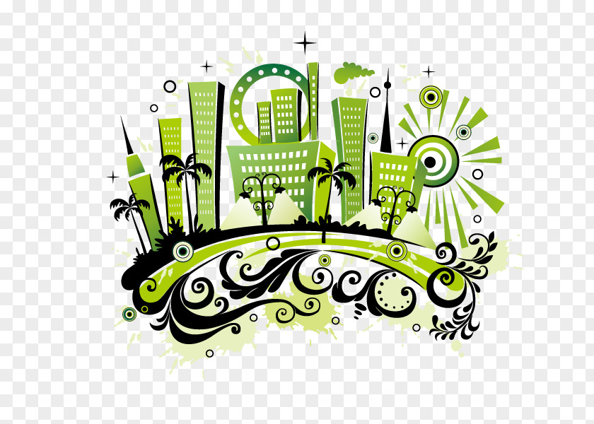 Vector Green Building Mural Clip Art PNG