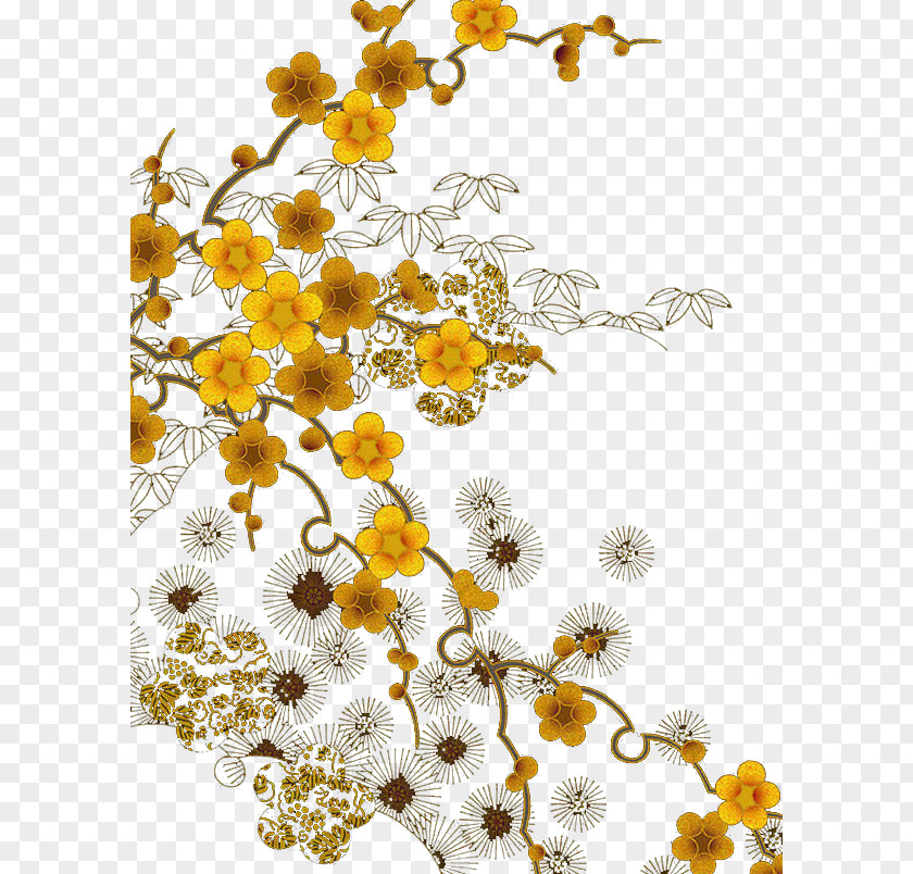 Golden Plum Blossom Floral Design Yellow Flower Gold PNG