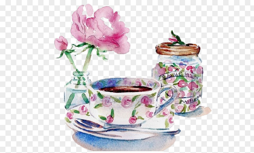 Hand-painted Tea Coffee Breakfast Dessert Drawing PNG
