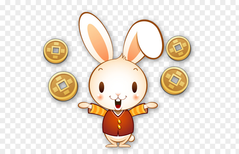 Cute Bunny Throwing Coins Rabbit Cartoon Illustration PNG