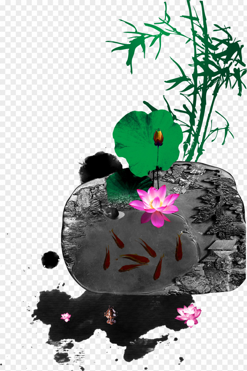Ink Lotus Pond Rockery Nelumbo Nucifera PNG