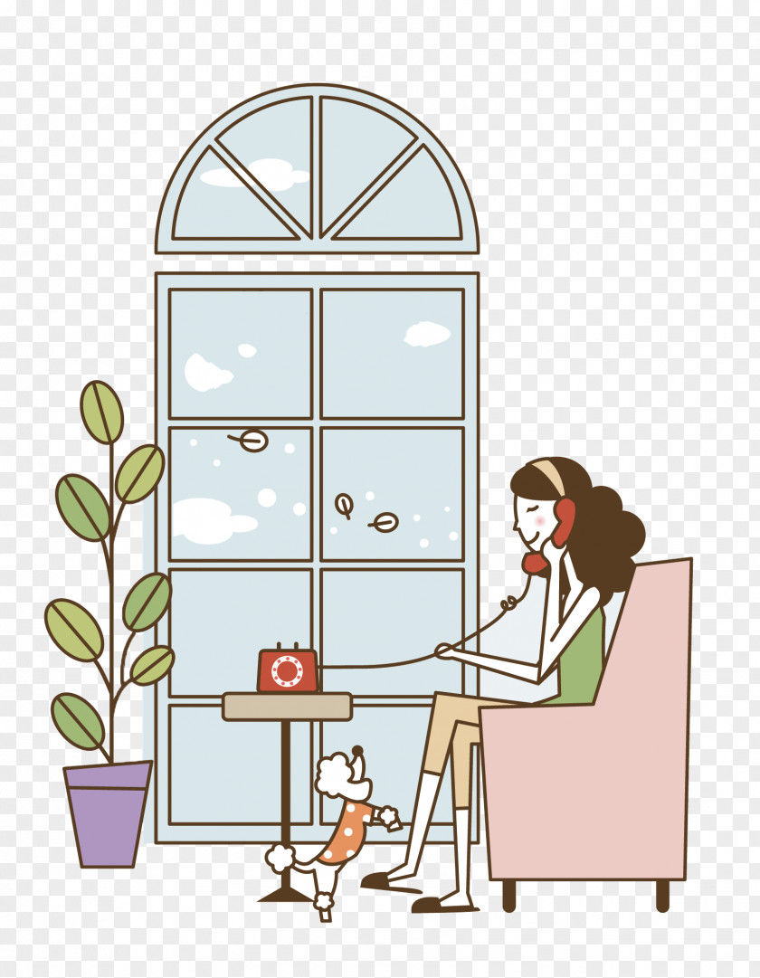 Sitting By The Window To Call A Woman Vector Material Drawing Telephone PNG