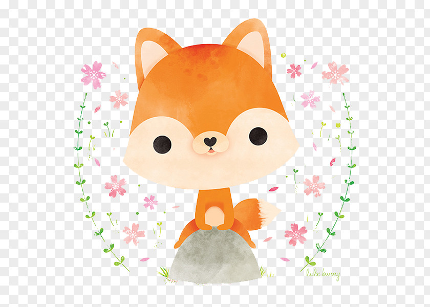 Hand-painted Watercolor Cute Fox. Japanese Red Fox Rabbit Illustration PNG