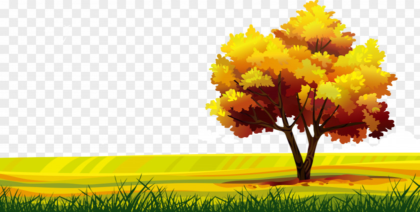 Vector Golden Autumn Cartoon Landscape Drawing PNG