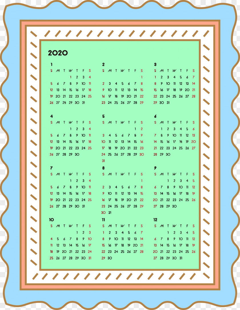 2020 Yearly Calendar Printable Year PNG