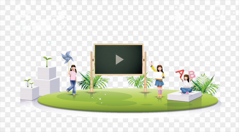 Blackboard Green Grass Cartoon Illustration PNG