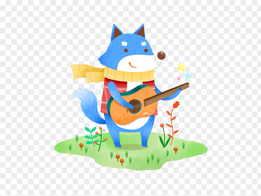 Blue Fox Back Guitar Illustration PNG