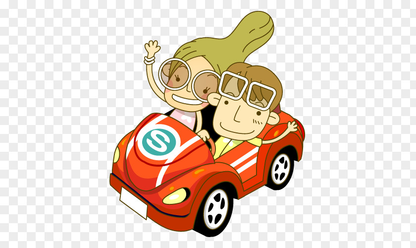 Men And Women Driving A Sports Car Cartoon Child Illustration PNG
