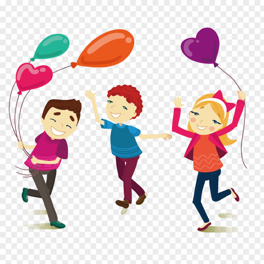 Friends Playing With Balloons Outdoors Cartoon Child Illustration PNG