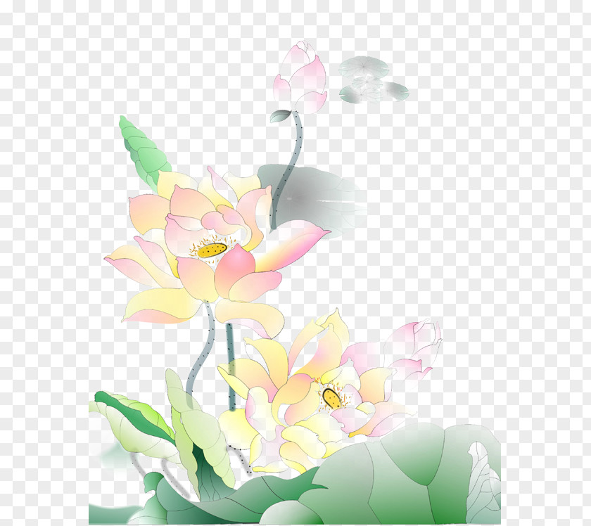 Creative Beautiful Lotus Nelumbo Nucifera Bird-and-flower Painting Ink Wash Graphic Design PNG