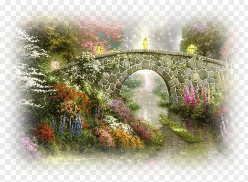 Painting Cobblestone Bridge Oil Canvas Print PNG