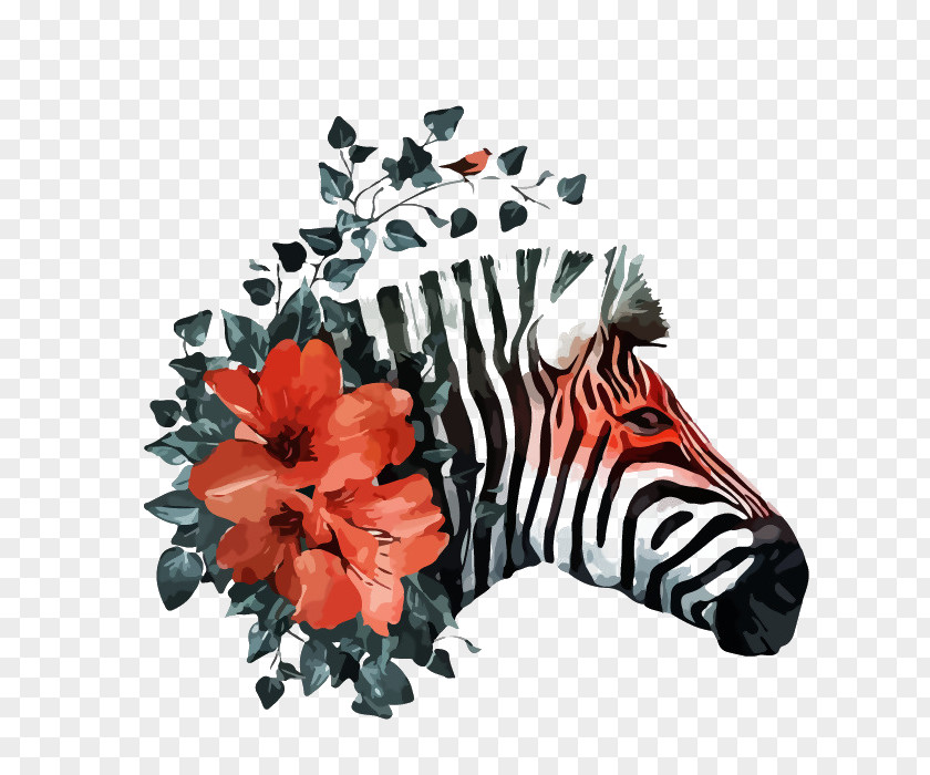 Zebra Painted Dark Green Leaves With Red Flowers Wall Sticker Textile Room PNG
