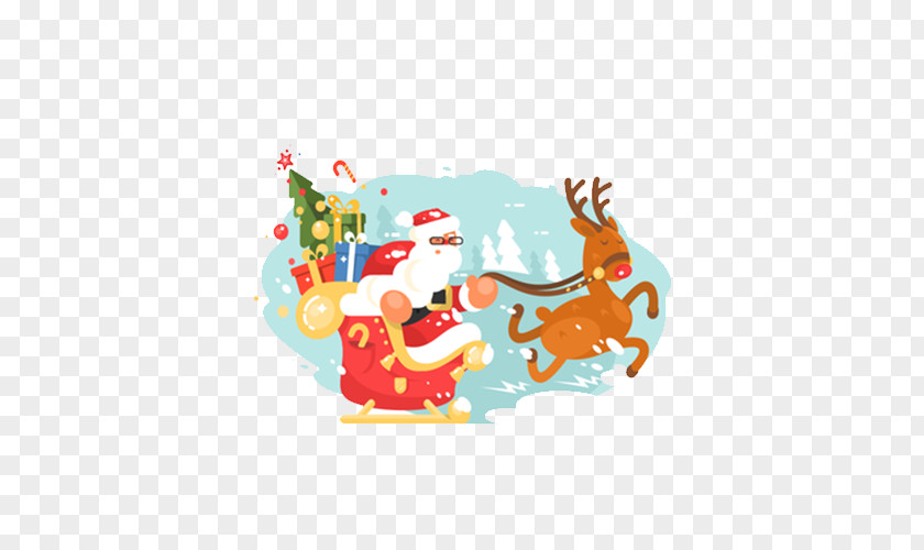 Hand Drawn Illustration Of Santa Claus And Deer Reindeer Christmas Sled PNG