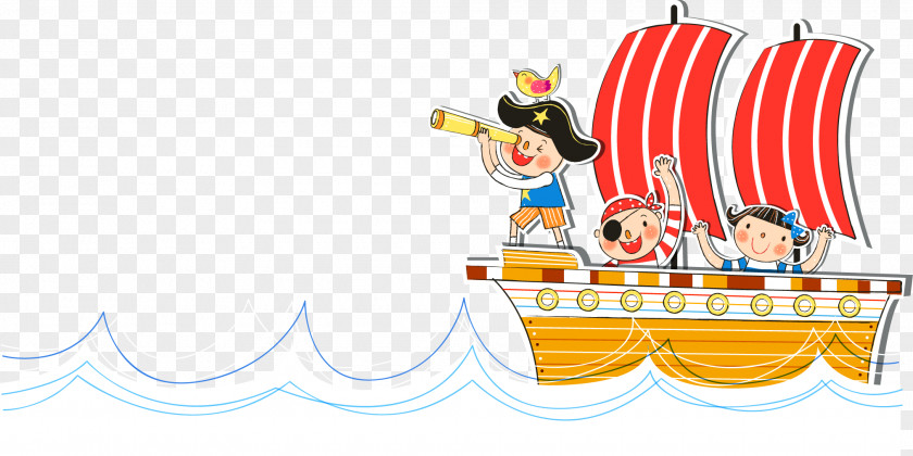 Cute Little Pirate And Ship Watercraft Sailor Cartoon PNG