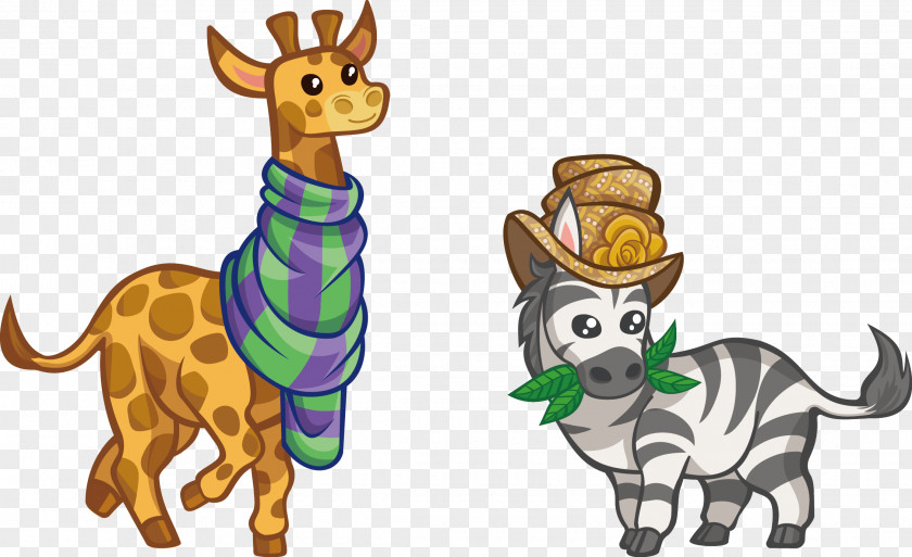 Giraffe And Zebra Vector Cartoon Drawing PNG