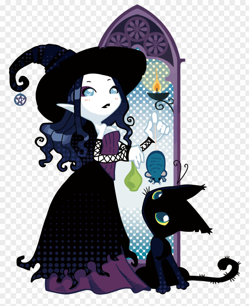 Vector Witch And Black Cat Cartoon Illustration PNG
