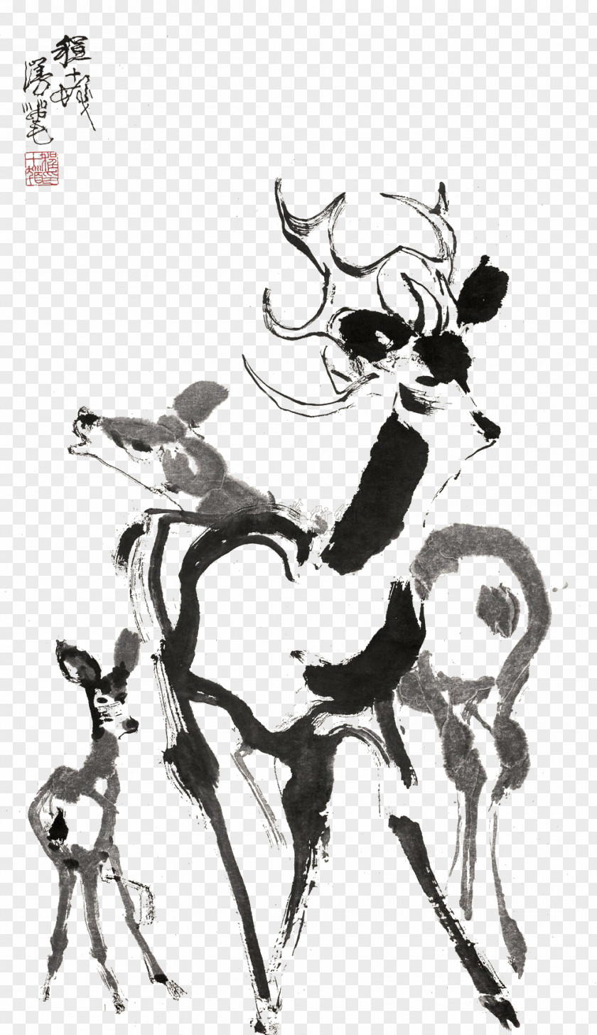Creative Chinese Painting Deer La Pintura China Ink Wash PNG