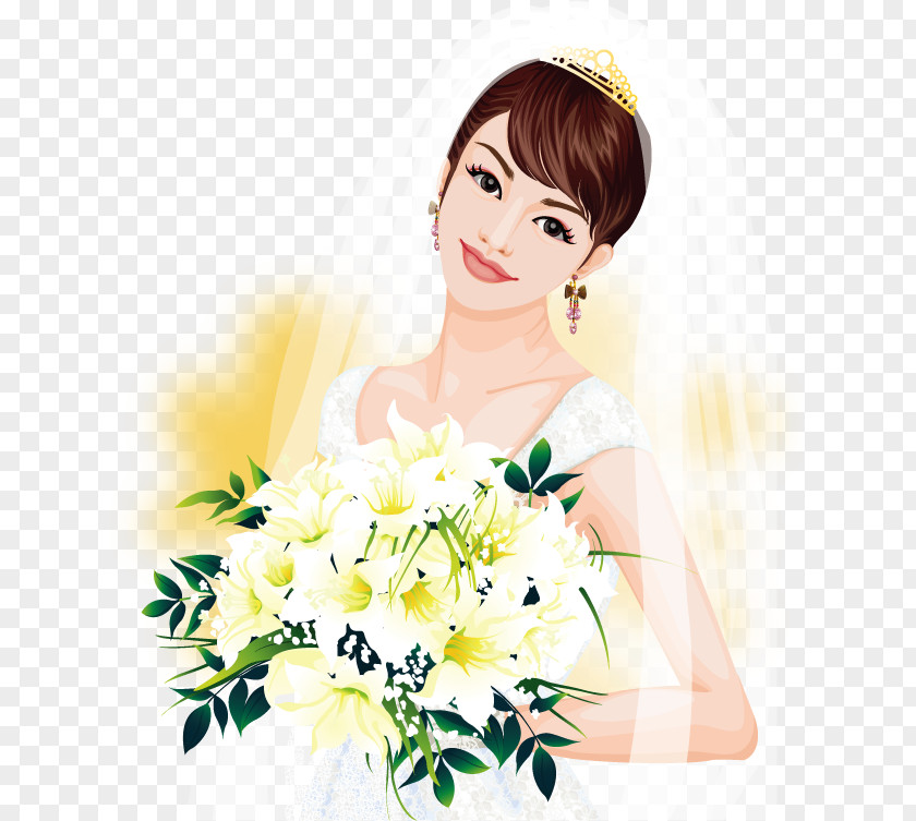 Happy Bride Wearing White Silk Vector Contemporary Western Wedding Dress Cartoon PNG