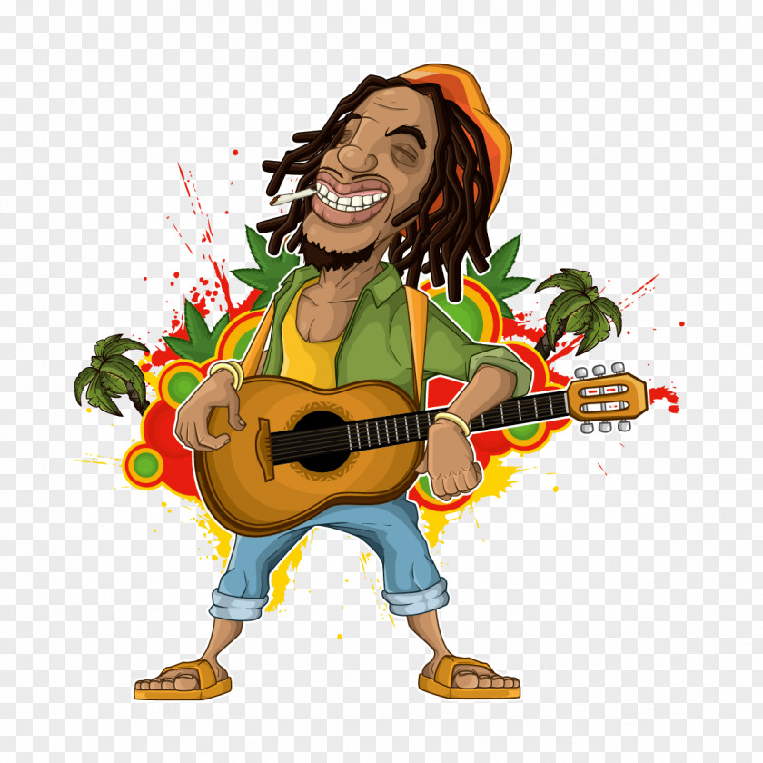Guitar Man Rastafari Cartoon Reggae Illustration PNG