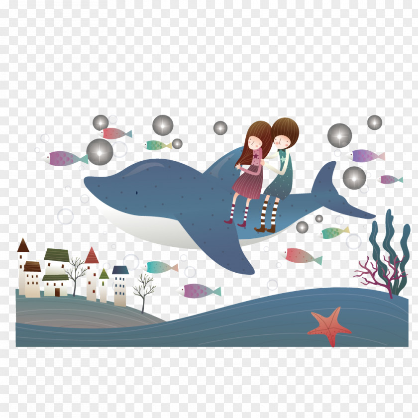 Couple Riding A Whale Illustration PNG