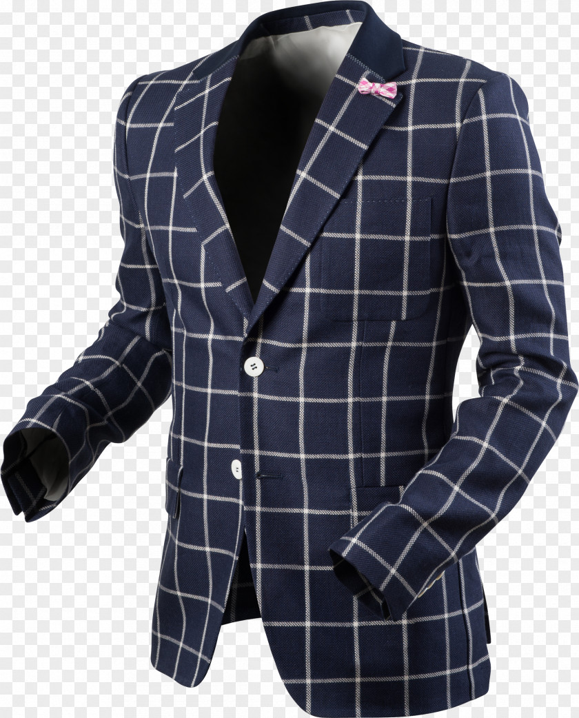 Low Collar Blazer Cobalt Blue Tartan Button Suit PNG