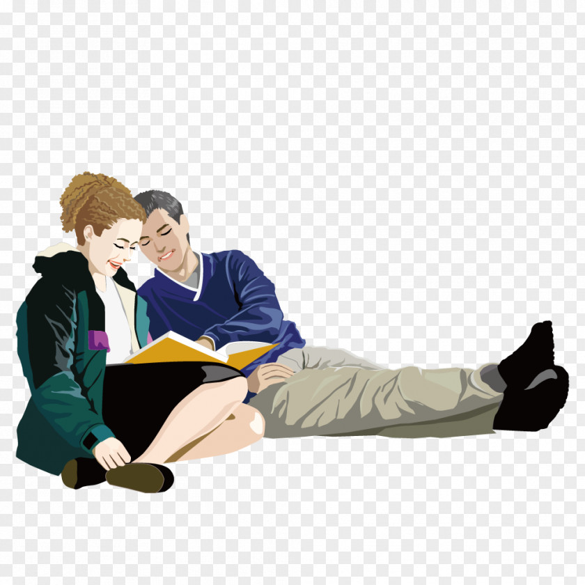 Reading Cartoon Couple Illustration PNG