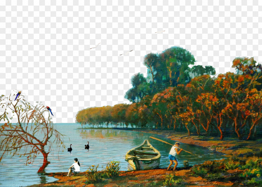 Creative Background Painting Riverside Fishing Landscape PNG