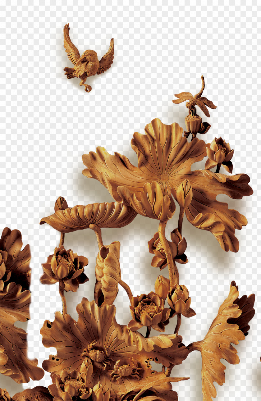 Wood Carving Lotus Bird Sculpture PNG