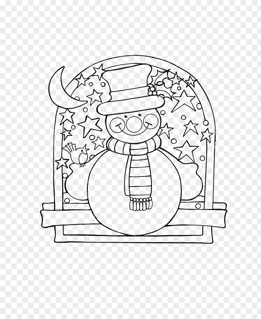 Black And White Snowman Stars Line Art PNG
