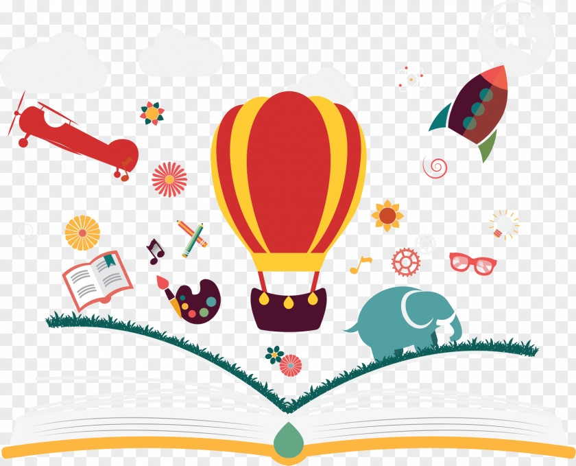 Hot Air Balloon Vector On The Books Imagination Children's Literature Book PNG