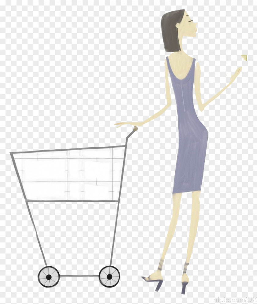Blue Dress Woman Shopping Cart Cartoon PNG